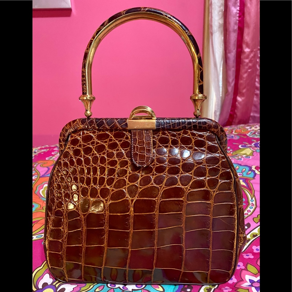 Vtg. Crown Handbags Brown Genuine Crocodile Brass Top Handle Purse Bag